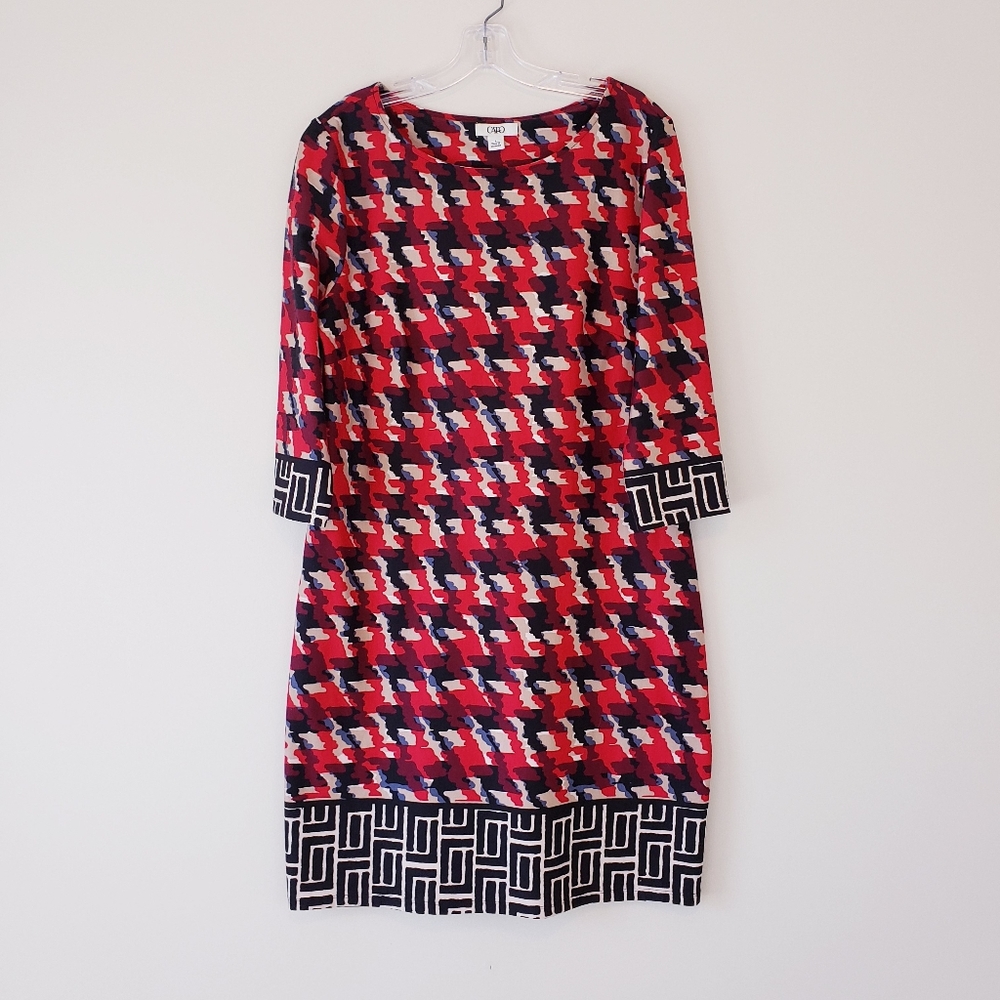 Cato Shift Dress Long Sleeve Mod Geo Print Retro Red Black Cream Size Large - Picture 10 of 11
